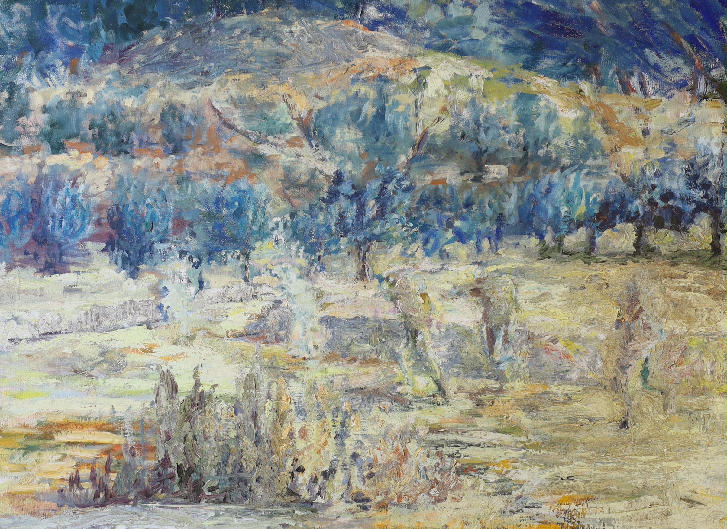 Avner Moriah (b. 1953, Israeli) Abstract oil on canvas, Mountainous landscape, inscribed verso A. Moriah '83, 77 x 56cm